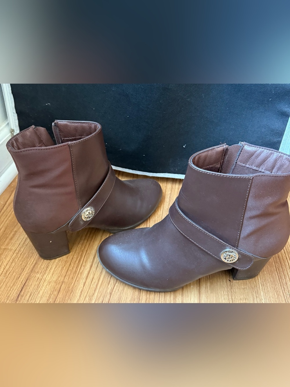 Anne Klein Brown Leatherette Ankle Booties with Decorative Medallion